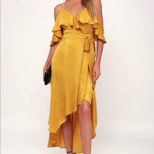 Lulus Layla Mustard Yellow Satin Off-the-Shoulder Wrap Dress (Large)